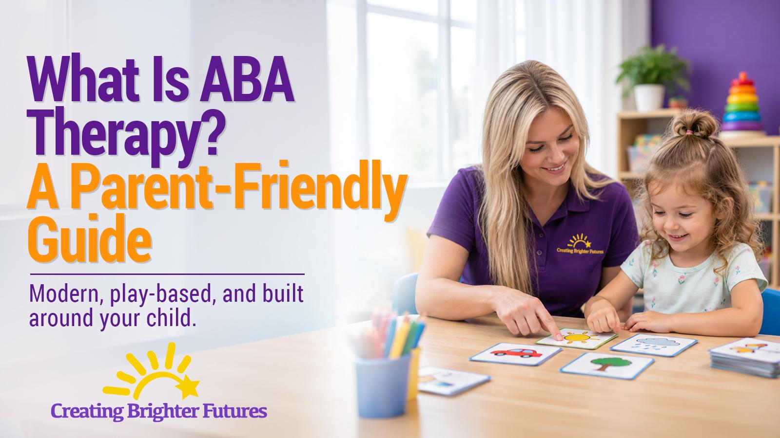 A smiling therapist in a purple Creating Brighter Futures shirt sorts picture cards with a young girl at a classroom table, showing a relaxed, play-based ABA learning moment.